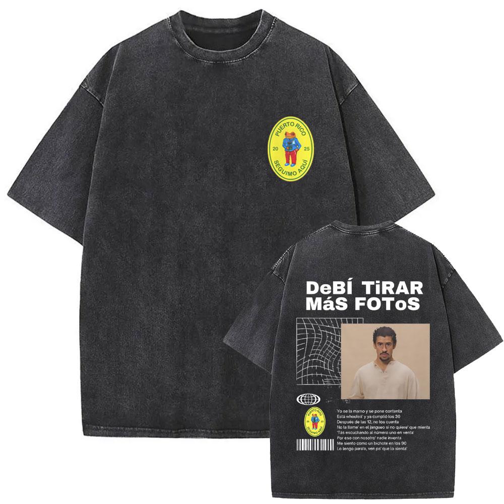 Camiseta Gráfica de Rapper Vintage Lavada Cara de Bad Bunny DeBi TiRAR MaS FOToS Impresión DTMF Camisetas Hombre Hip Hop Retro Camiseta Oversize