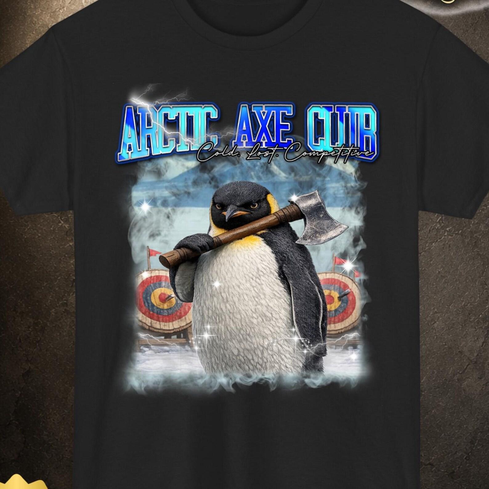 Funny Penguin Ax Throwing Shirt, Arctic Ax Club Graphic Tee, Winter Animal Meme T-Shirt M