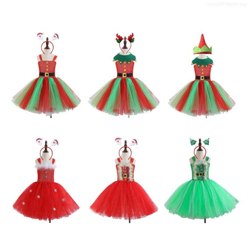 Kids Christmas Elf Costume Halloween Elf Dress Up Outfits with Dress and Christmas Hat (Or Headband) for Girl Christmas F0S4
