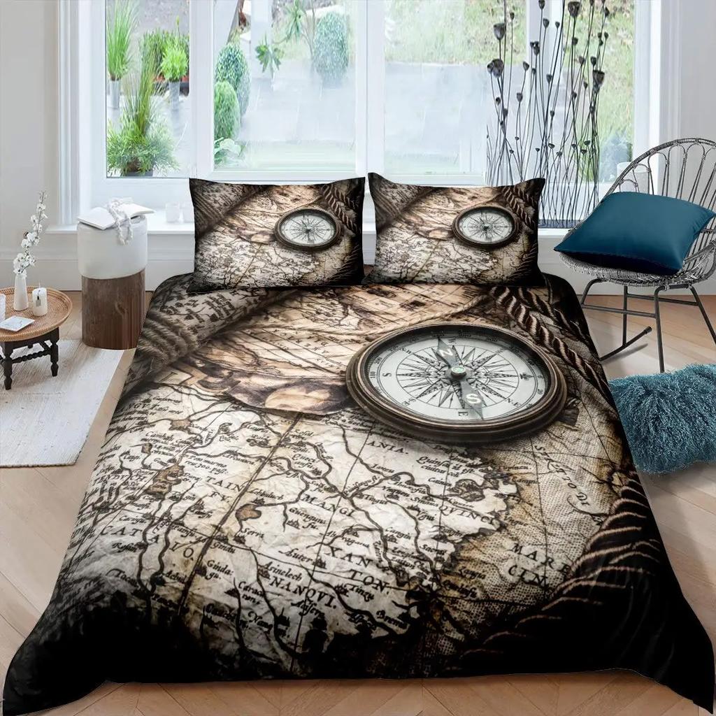Compass Duvet Cover SetHand Drawn Windrose Floral Arrangement Design Compass Boating Theme PrintBedding Set DecorFull Size