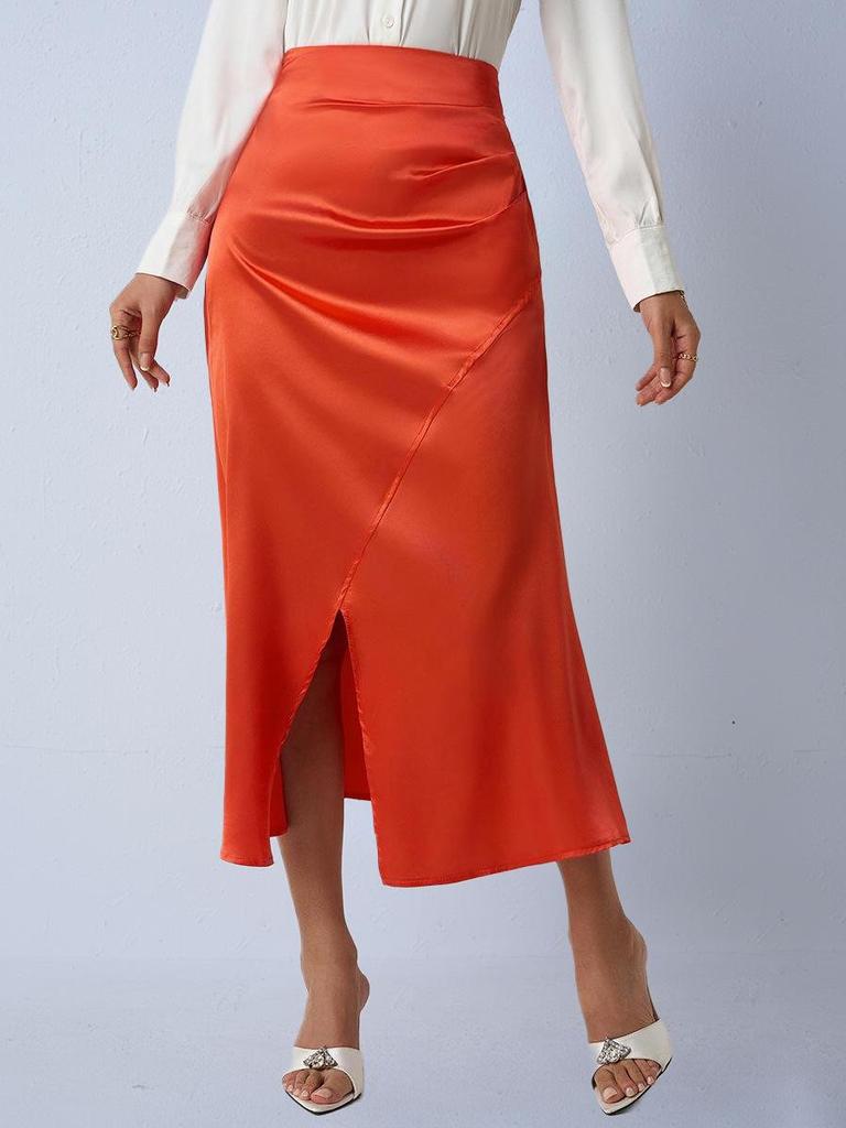 European & American Women's Satin Midi Skirt - Autumn Pleated, Slit Fishtail, Hip-Hugging Design with Zipper