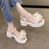 Fashion Wedge With Platform Waterproof High Heels Pearl Bow Women's Sandals Low Price Korea Shoe Summer 2025 Comfortable Ladies Shoes