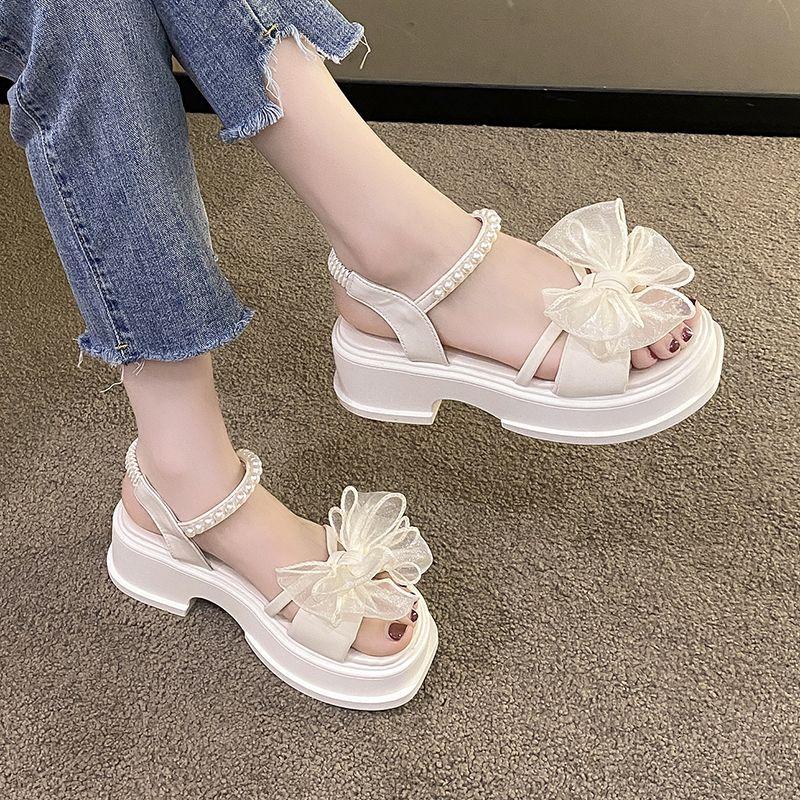 Fashion Wedge With Platform Waterproof High Heels Pearl Bow Women's Sandals Low Price Korea Shoe Summer 2025 Comfortable Ladies Shoes