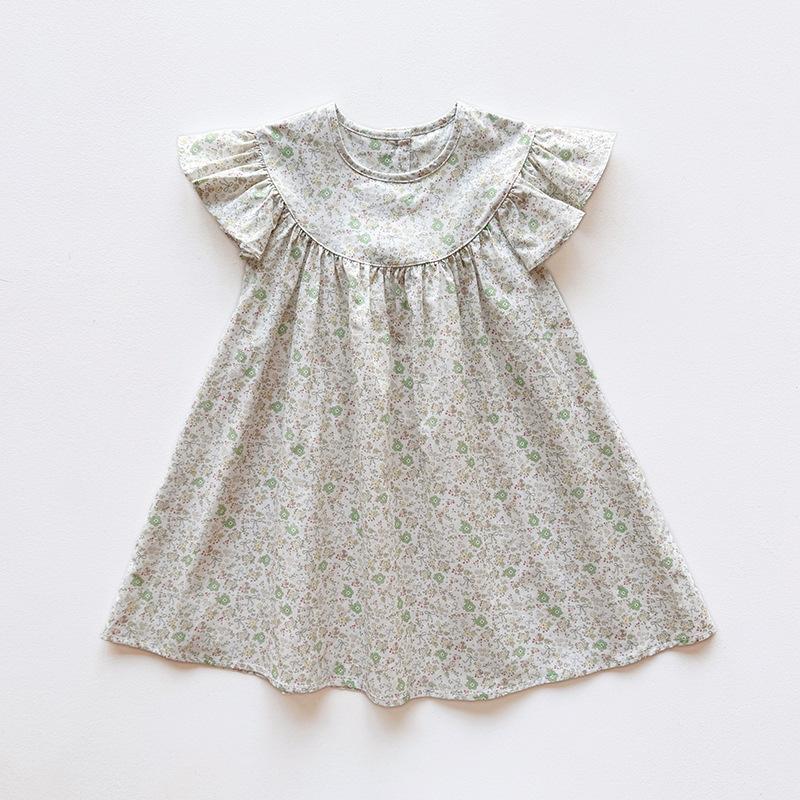 Summer Girls Floral Cotton Dress Sweet Round Neck Flutter Sleeve Princess Casual Dress For Kids