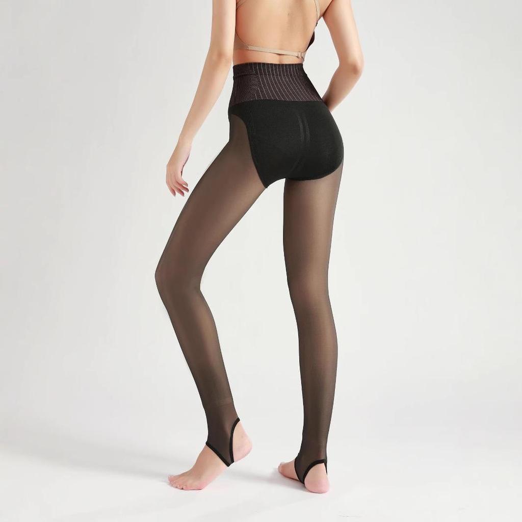Huaxianzi High Waist Black Silk Tummy Control Leggings with Bare Leg Effect & Fleece Lining