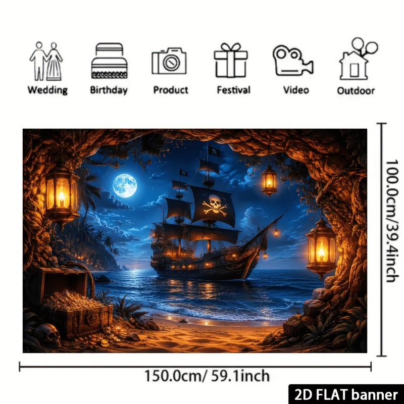 2D Flat Pirate-themed Background Fabric, with a Theme of a Pirate Ship Hidden Treasure Cave On the Moonlit Coastline.zyc
