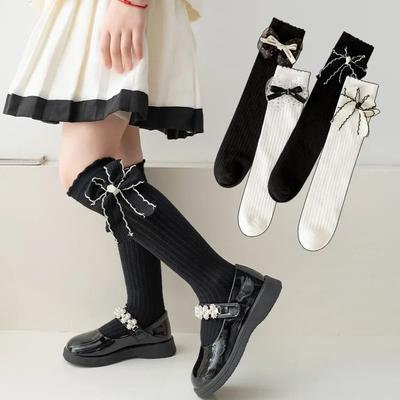 Girl Stocking Black White Color Knee High Sock for Kids Girl Retro European Bowknot Calf Sock for Children's Girl Cotton Sock