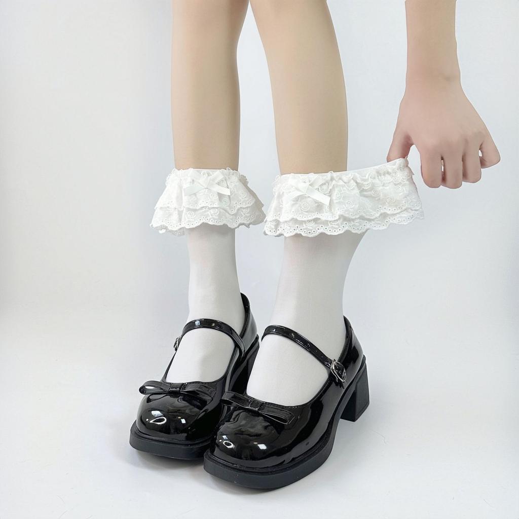 Lolita Rose Lace Mid-Calf Socks for Women lolita Lace bow in Japanese style jk White calf socks for spring and autumn