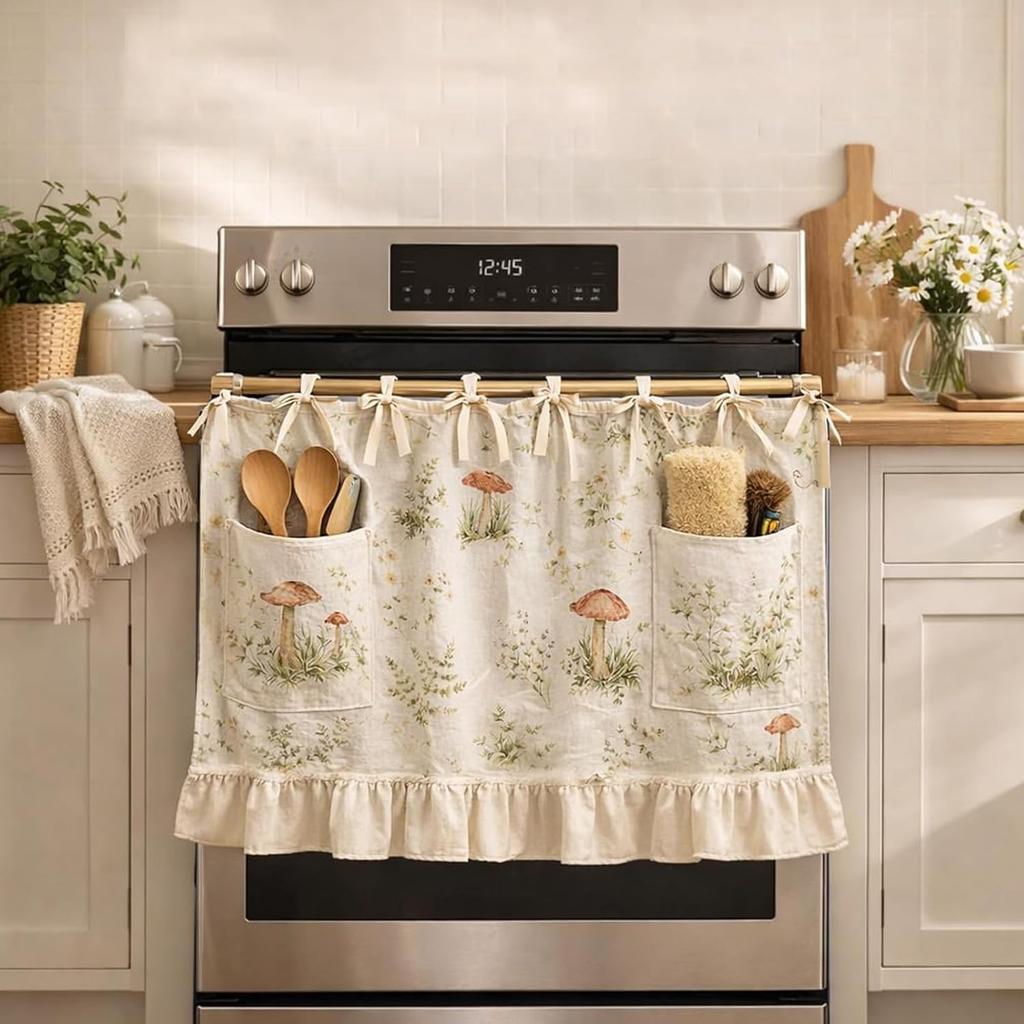 Modern Farmhouse Kitchen Oven Skirt Ribbon Ties and Ruffled Trim Kitchen Dishwasher Hidden Curtains with Adjustable Lace