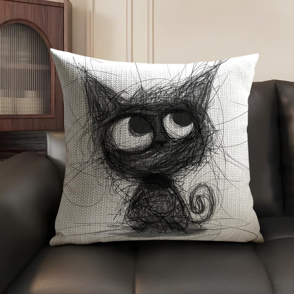 Whimsical Cat Art Cushion Cover Natural Linen Organic Fabric DoubleSided Printing Sofa Home Decor Gift Pillow Case
