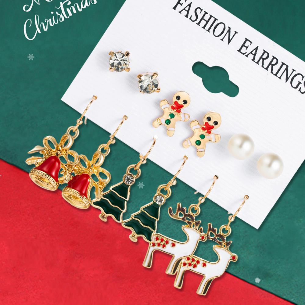 6 Piece Set Of Women Fashionable And Simple Christmas Series Christmas Tree Bells Deer Pattern Earrings Accessorie And Ornaments
