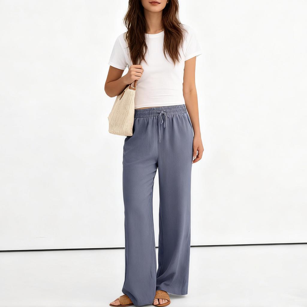 Wide Leg Pants For Women Flowy  Drawstring Elastic Waist Trousers With Pockets Summer Beach Vacation Clothes
