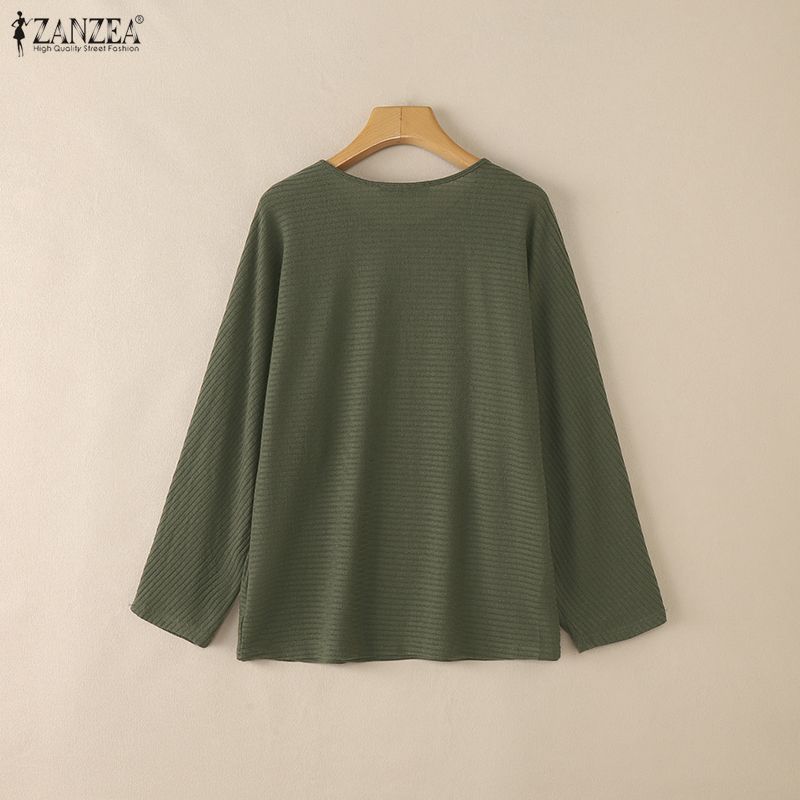 ZANZEA Women Casual Round Neck Solid Color Long Sleeve Retro Blouse