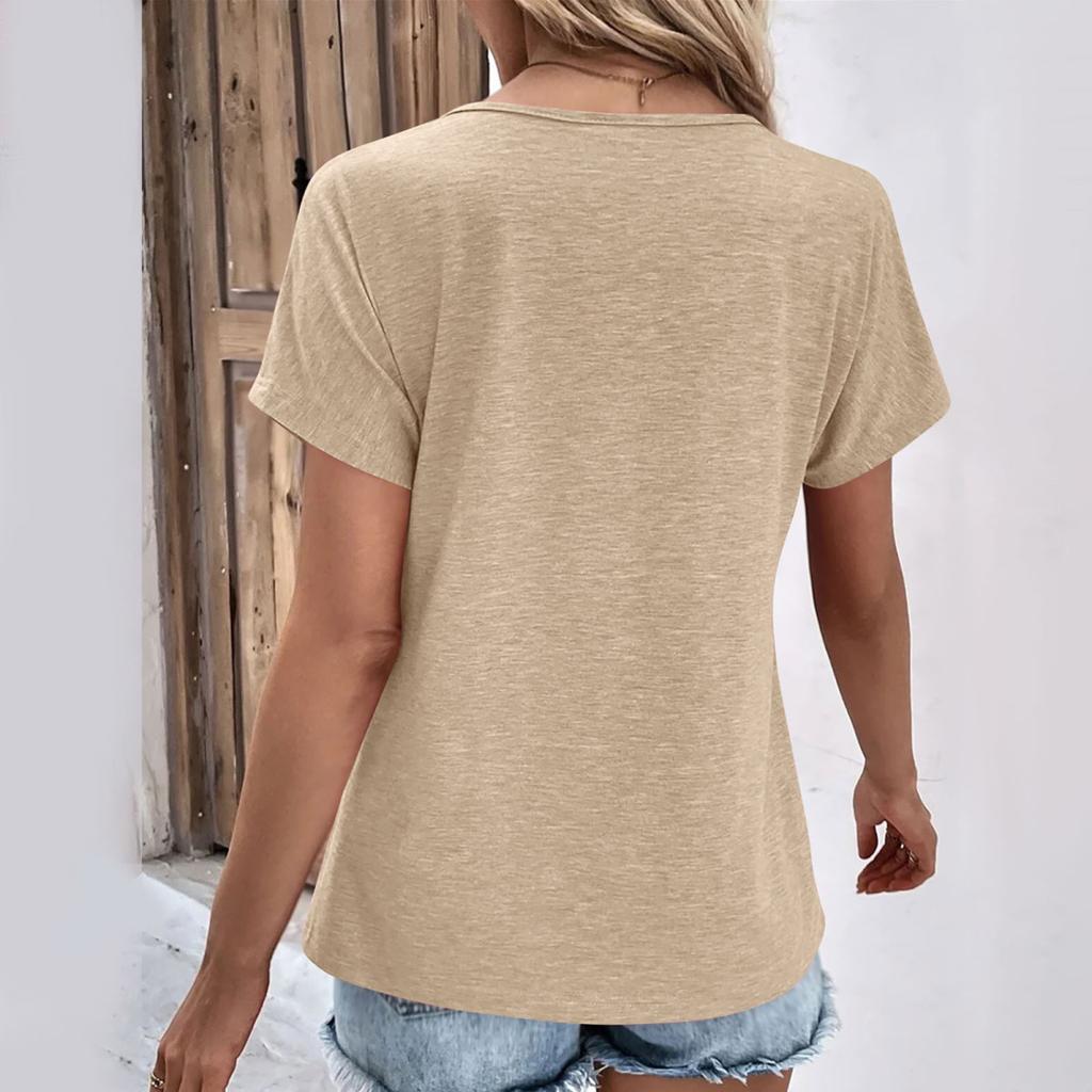 Yousheng Damen T-Shirt V-Ausschnitt Kurzarm Locker Geschnittenes T-Shirt Knöpfe Dekor Einfarbig Pullover Tops Alltagskleidung