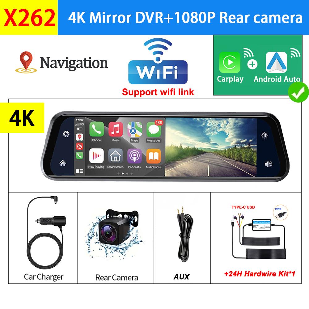 4K Dual-Lens Car Dvr 10Inch Mirror Dash Cam for Cars Wireless Carplay Android Auto Front and Rear Camera Black Box Car Assecorie