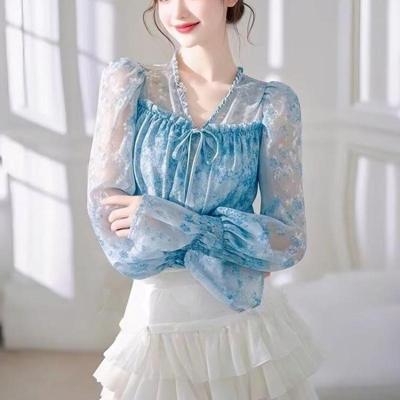 French Ruffled Blue Floral Chiffon Blouse Women's Spring Unique Super Cute Tie-Up Small Top