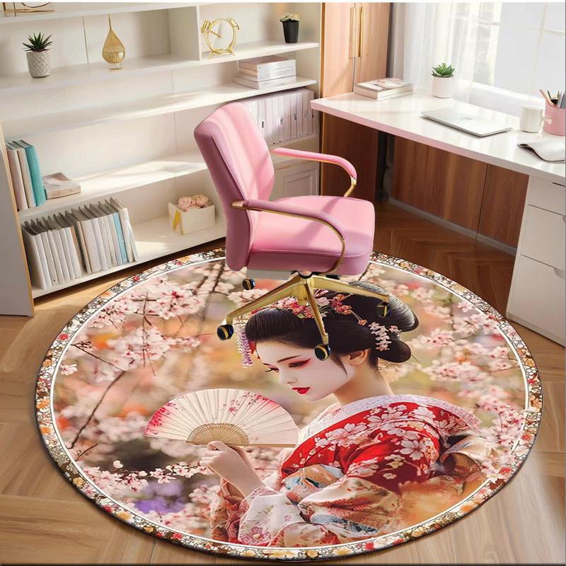 Cherry Blossom Geisha Beauty round carpet Chair cushion Round Entryway Rug, Soft Round Rugs for Living Room, Bedroom, Circle Carpet decor gifts