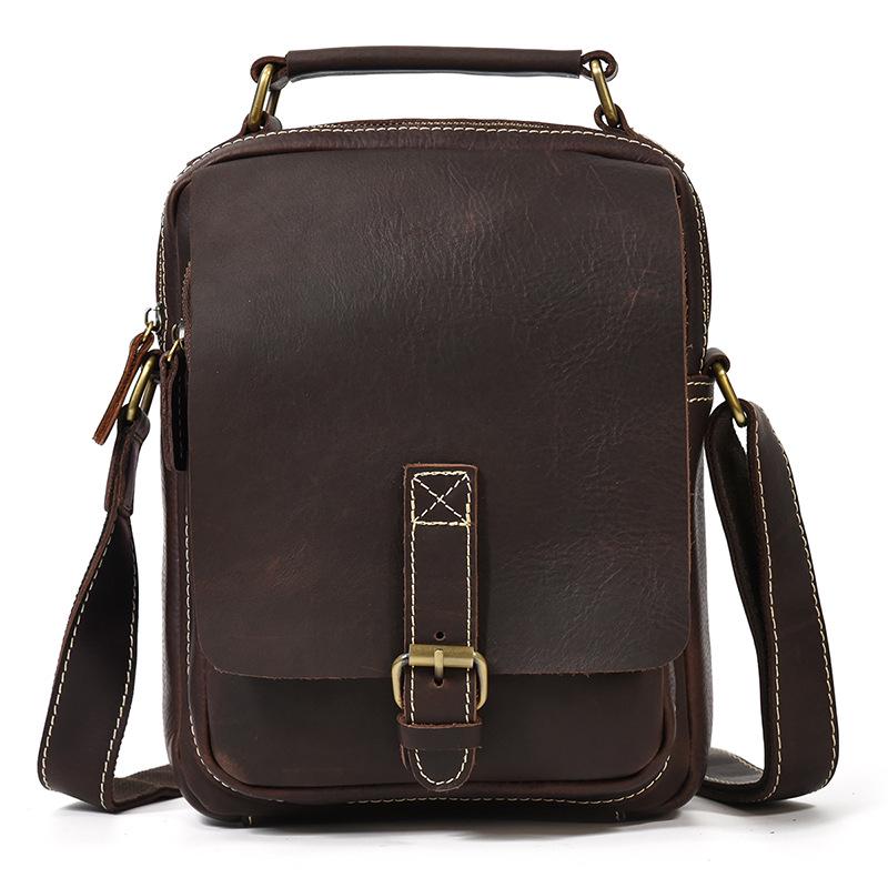 Men's Premium Crazy Horse Leather Crossbody Bag - Genuine Cowhide Shoulder Bag for iPad