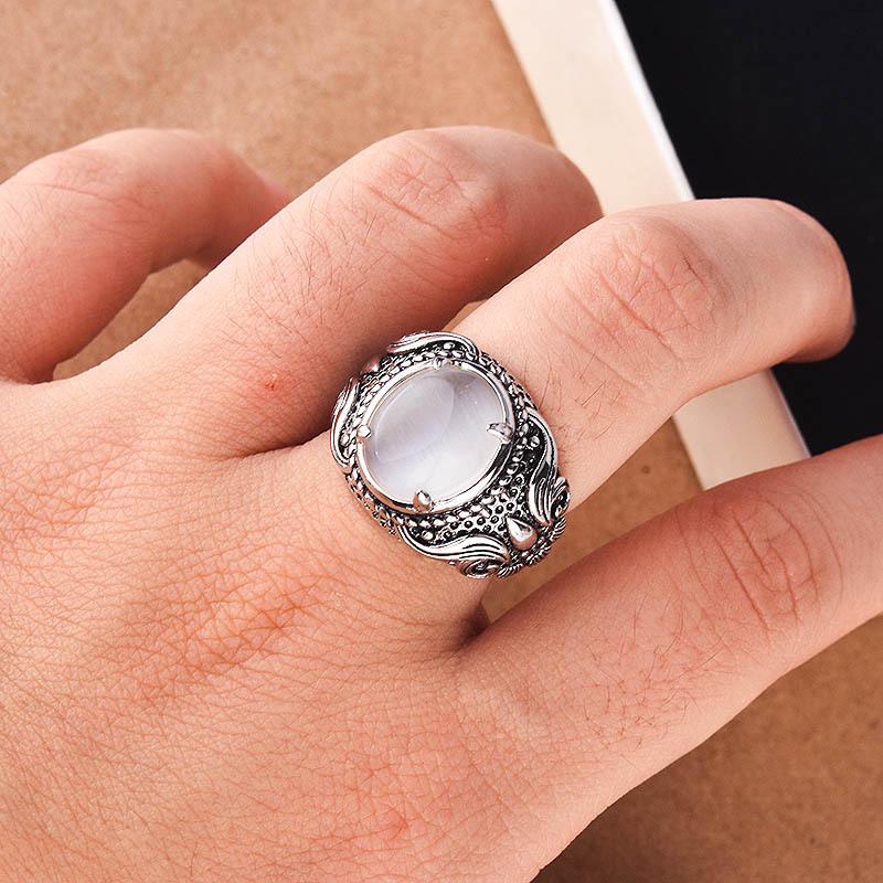 Vintage Owl Totem Moonstone Ring with Cat's Eye Stone and Four-Prong Setting