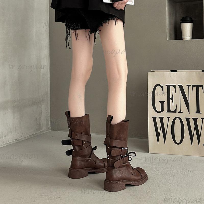 Design Metal Belt Buckle Mid Calf Boots Women 2025 Punk Medium Heel Western Cowboy Boots Autumn Winter Shoes Women 35 36