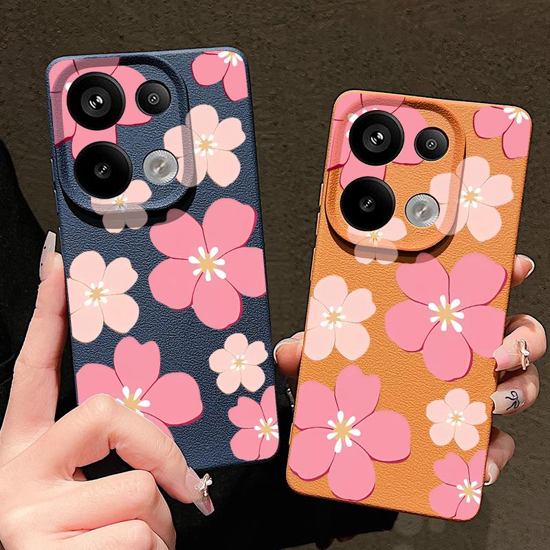 Fresh Style Cherry Blossom Pattern Case For Xiaomi 14T 13T 11T Pro Funda Redmi Note 14 13 Pro 5G 12 11 Leather Texture Silicone Cover