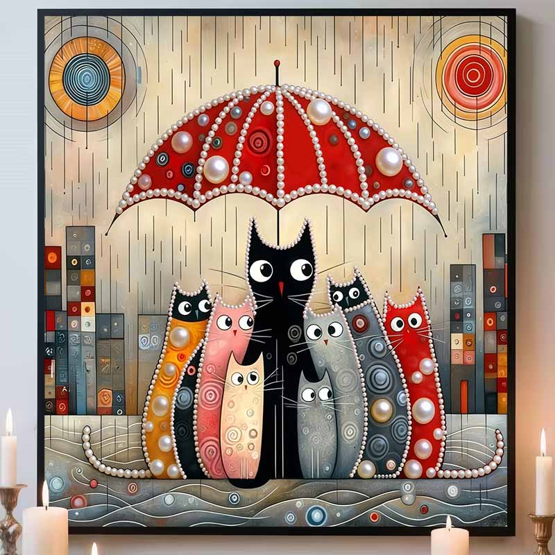 The Cat Sheltering From The Rain Full 5D DIY Pearl Gem Art Diamond Painting Kits for Adults/Beginners Gift Idea Home Decor 11.81x11.81in