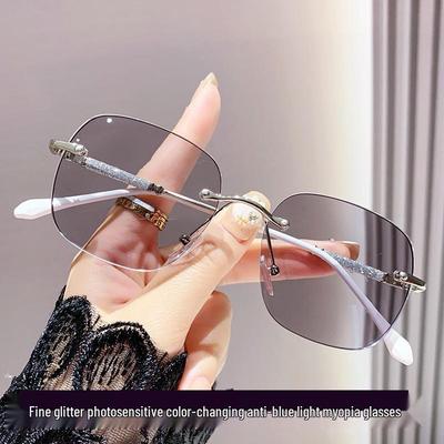 Photosensitive Color-Changing Anti-Blue Light Myopia Women's Glasses with Prescription, Frameless Large Frame Design, Slim Face Style.
