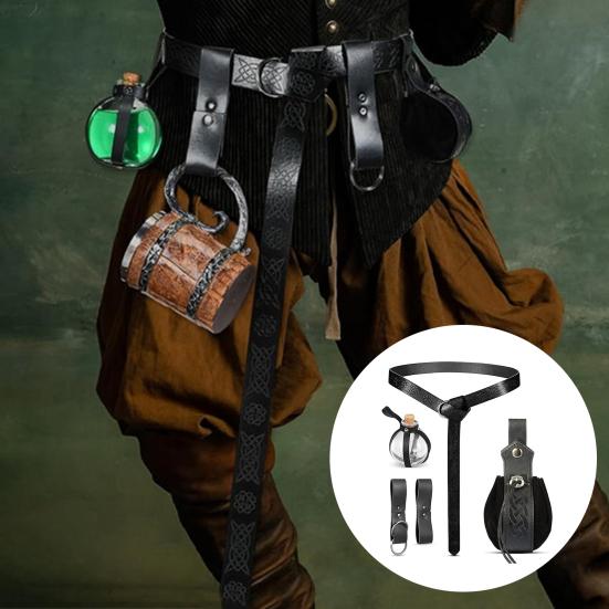 Renaissance Belt with Potion Bottles Adjustable Faux Leather Waist Bag Halloween Viking Costume Accessory