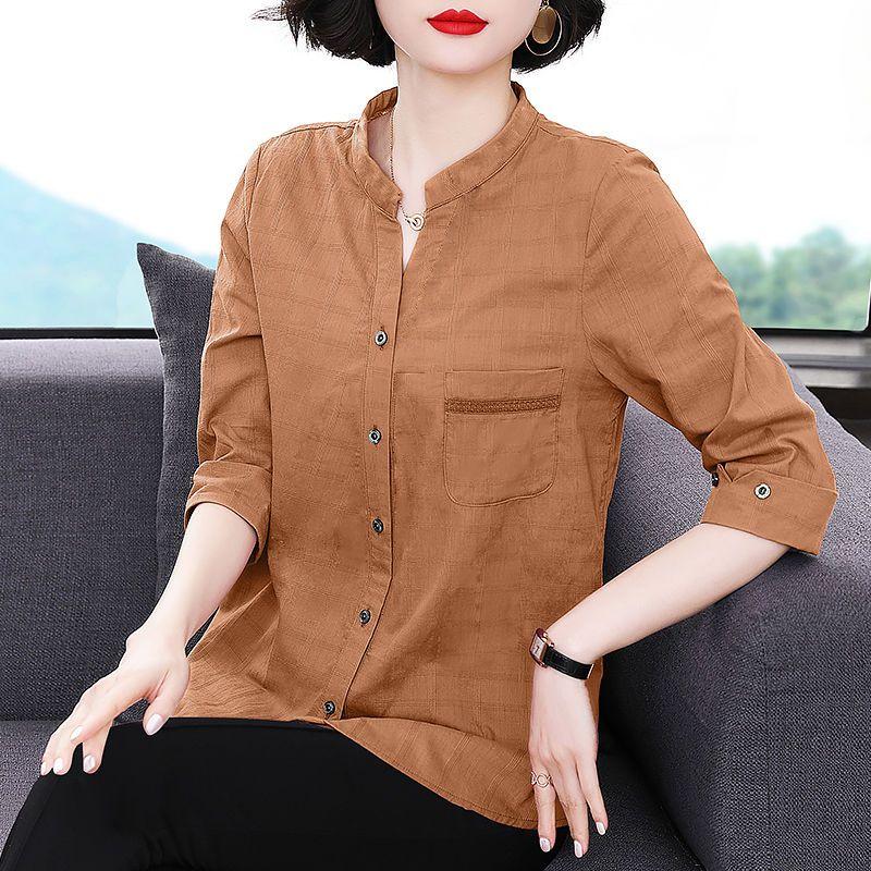 

Женская рубашка большого размера с рукавом семь дюймов, весна-лето, свободная хлопковая клетчатая рубашка, женская блузка, топ L