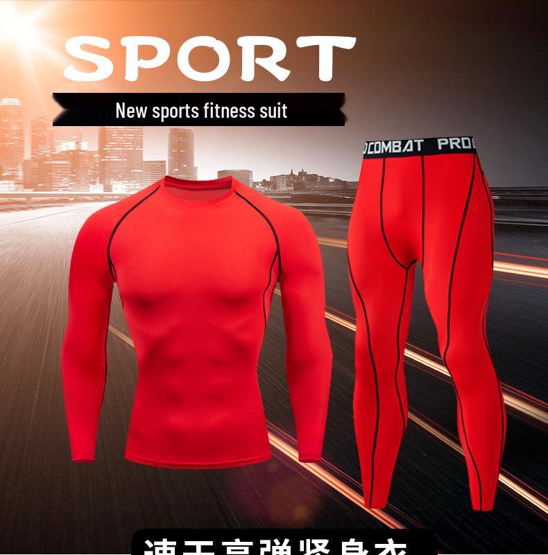 Men's Quick-Dry Red Sports Tights and Long-Sleeve Suit for Running, Training, Basketball, and Fitness - Ideal for Autumn and Winter.