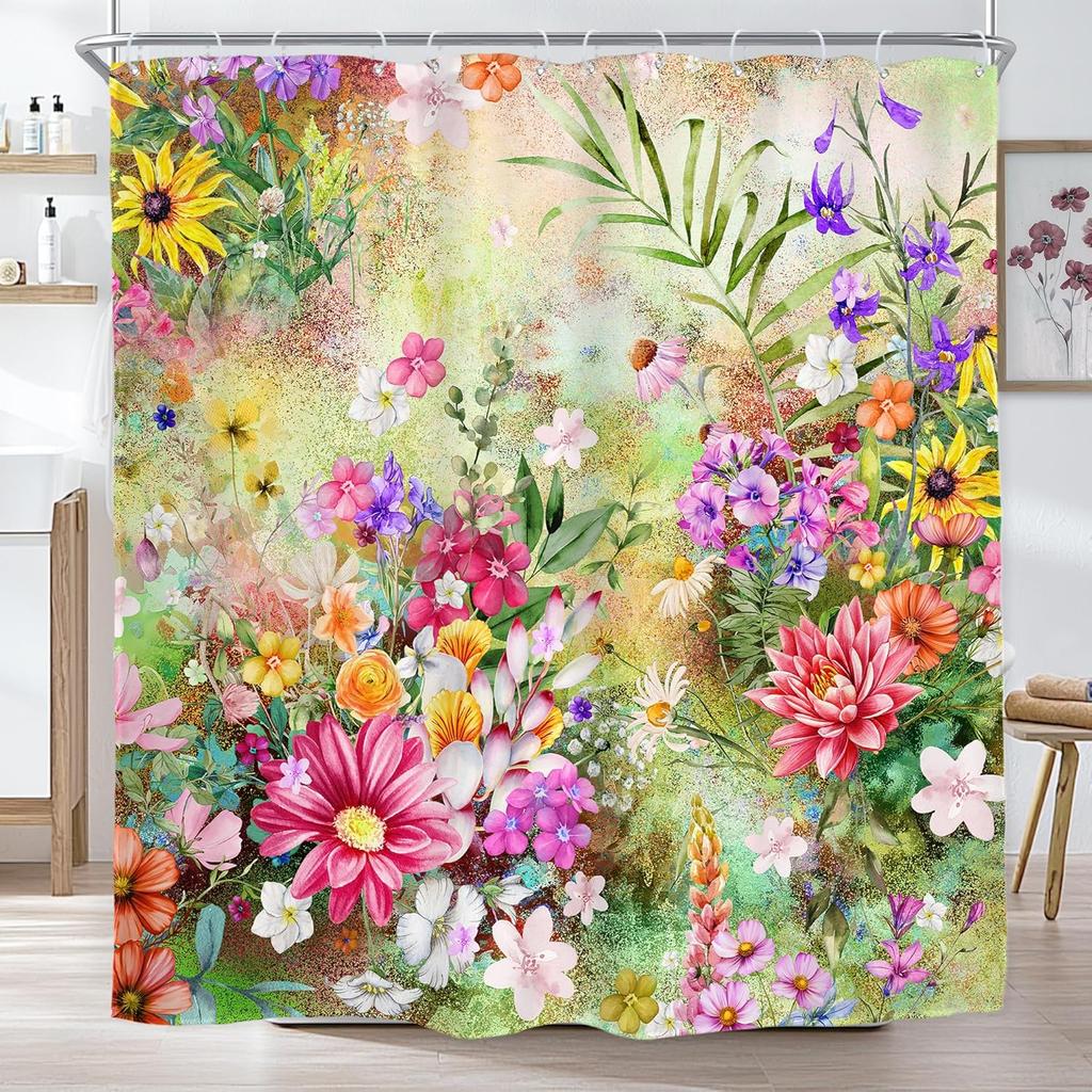 European Retro Flower Shower Curtain Watercolor Floral Bathroom Curtains Waterproof Botanical Bath Curtain With Hooks