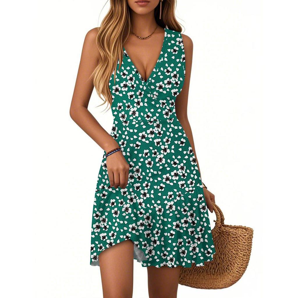 Women's Dress V-neck Sleeveless Casual Floral Print Hem Pleated Dress