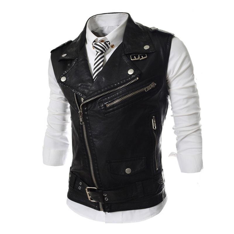 Hot-selling men's leather vest Slim-fit multi-zipper lapel short leather vest