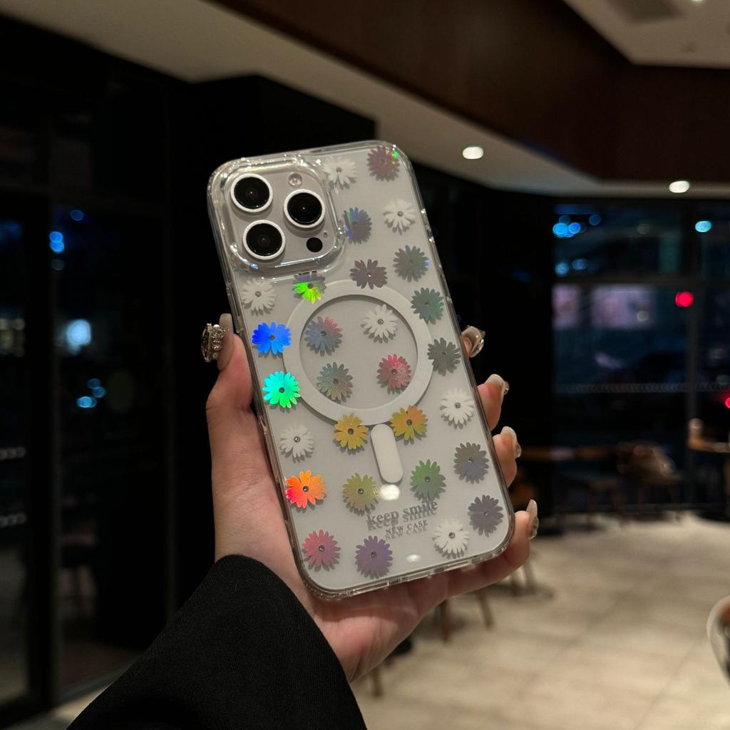 Magnetic Phone Case for IPhone17 with Colorful Laser Flowers and Transparent Anti Drop Protective Case for Apple 16ProMax
