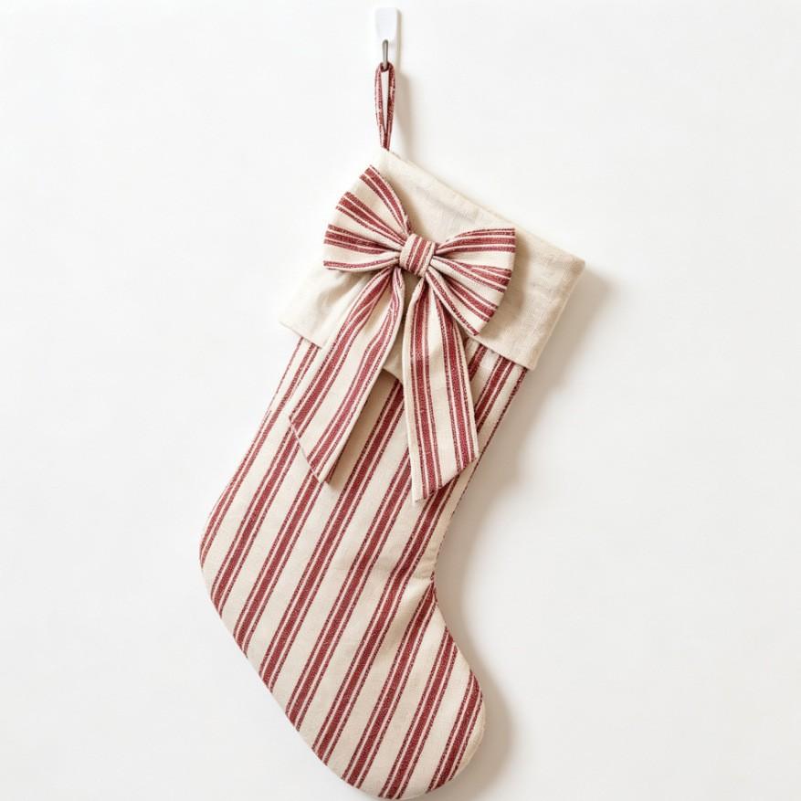 A sock, Vintage bow Christmas socks fabric plaid striped Christmas gift bag fireplace Christmas decoration socks