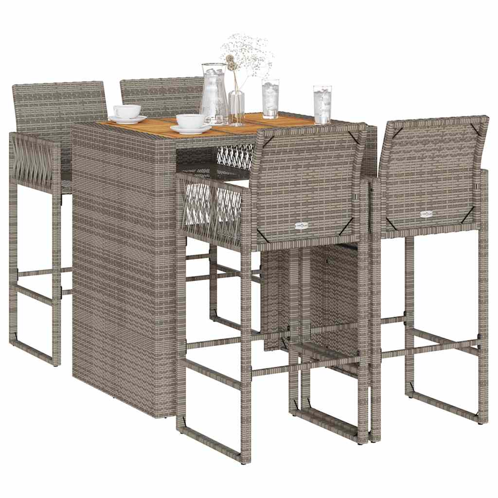 5 Piece Garden Bar Set without Cushions Grey Poly Rattan & Acacia