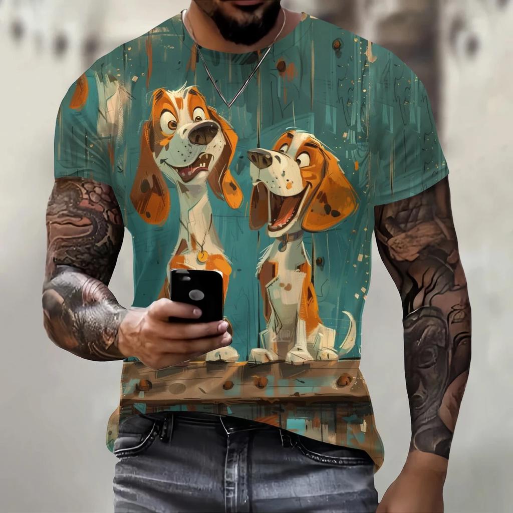 Fashionable and Trendy Men's 3D Print Dog Pattern Fun T-shirt Round Neck Loose Casual Short Sleeved Shirt Summer Oversized