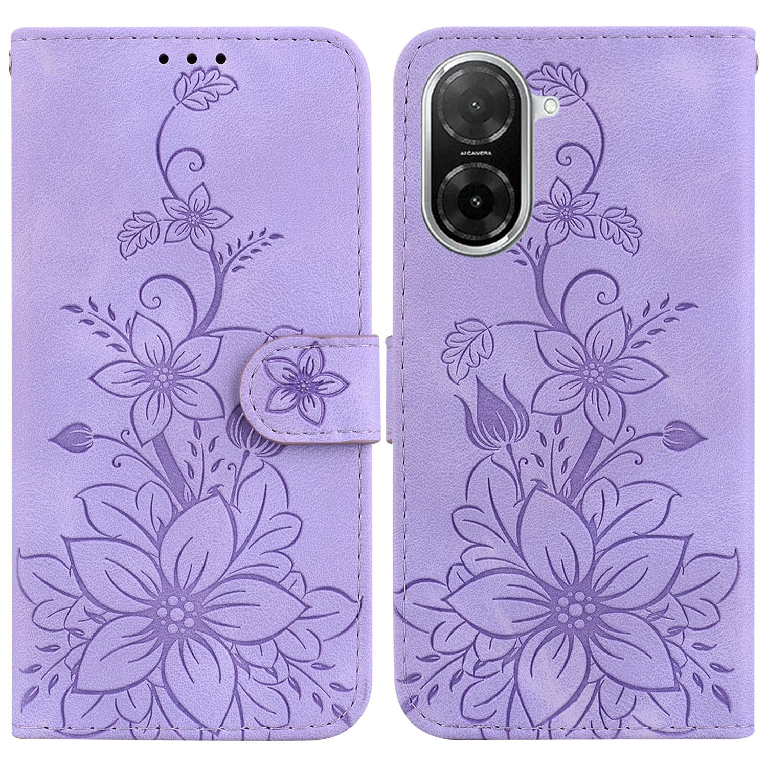 

For Xiaomi Redmi A5 4G (171.7mm)/Poco C71 4G Stand Case Lily Flower Imprint Leather Phone Cover with Wrist Strap Purple