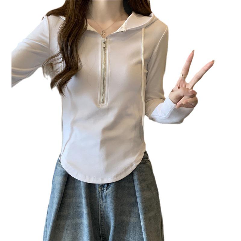 Women's Korean Style Hooded Cropped Sweatshirt, Zipper Long Sleeve, Thin Spring/Autumn 2023 Fashion.