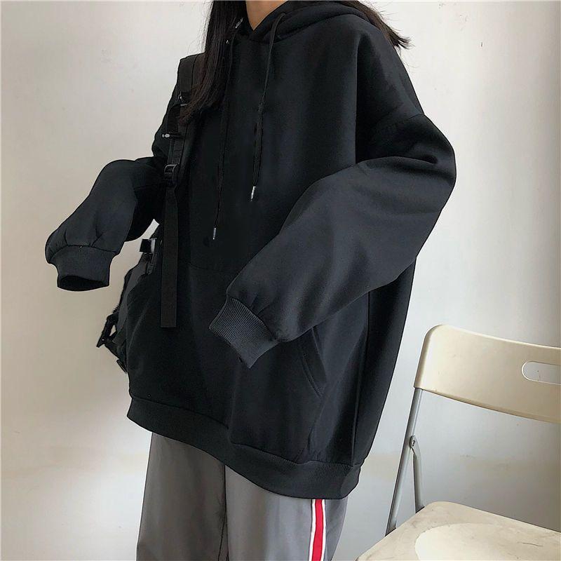 Ins Hooded Sweatshirt for Women Plus Velvet Autumn Winter New Oversize Long-sleeved Korean Loose Jacket Trendy