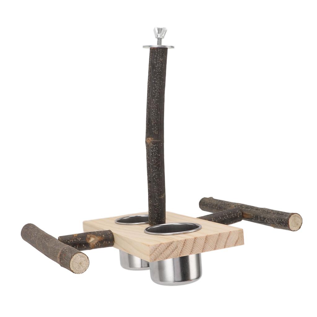Wooden Perch Stand Hanging Bowls Bird Food Stainless Steel Cups Wood Perch Stand Hanging Feeder