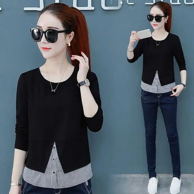 

Женская футболка из чистого хлопка с длинными рукавами, весенне-осенняя новинка, свободный верх из двух предметов в полоску, лоскутная рубашка в стиле пэчворк 4XL чёрный