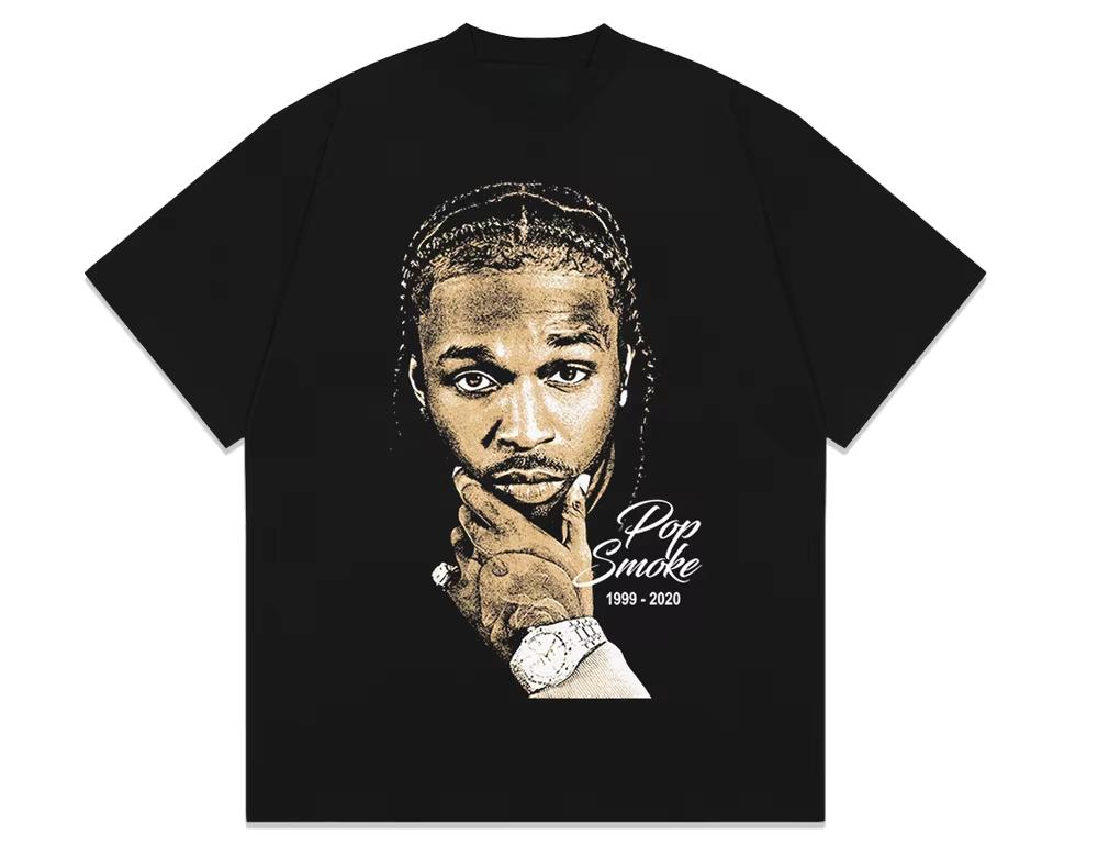 2025 Pop Smoke Hip Hop American Rap Character Print Vintage Street Short Sleeve T-shirt High Quality Luxury Brand Ins Y2k