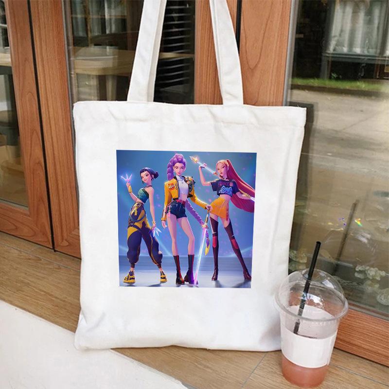 Cartoon K Pop Demon Hunters Women's Shoulder Pouch Fashion Canvas Bags Adorable Tote Bags Printed Handbag Shopping Bags Birth Date Gifts