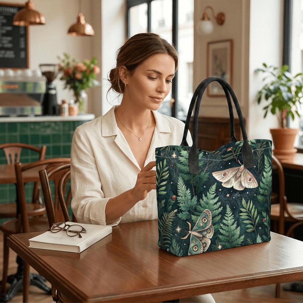 Cute Moth Fern Print Canvas Tote Bag Stylish Casual Daily Handbag for Women Portable Reusable Shopping Shoulder Bag