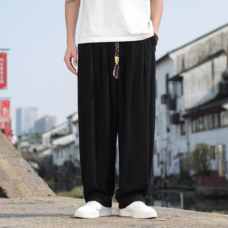 Men's Trendy Cotton and Linen Straight-leg Pants Spring and Summer New Casual Pants Large Size Wide Leg Drape