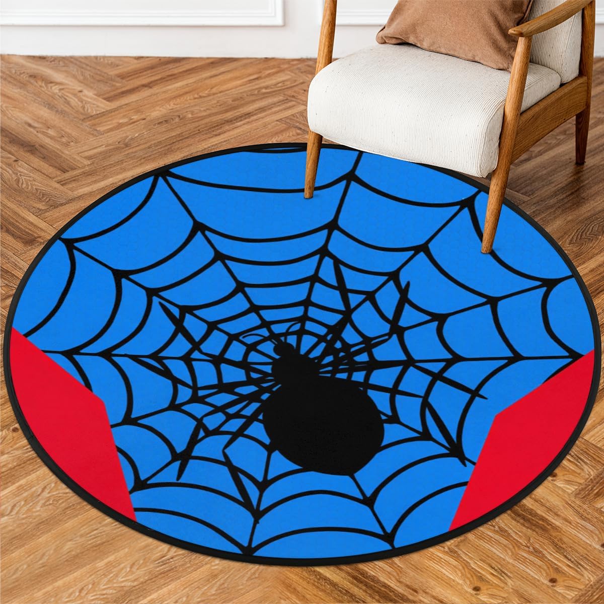 Spider Web Superhero Round Rug Blue with Red Accents for Boy Room Decor 60cmx60cm