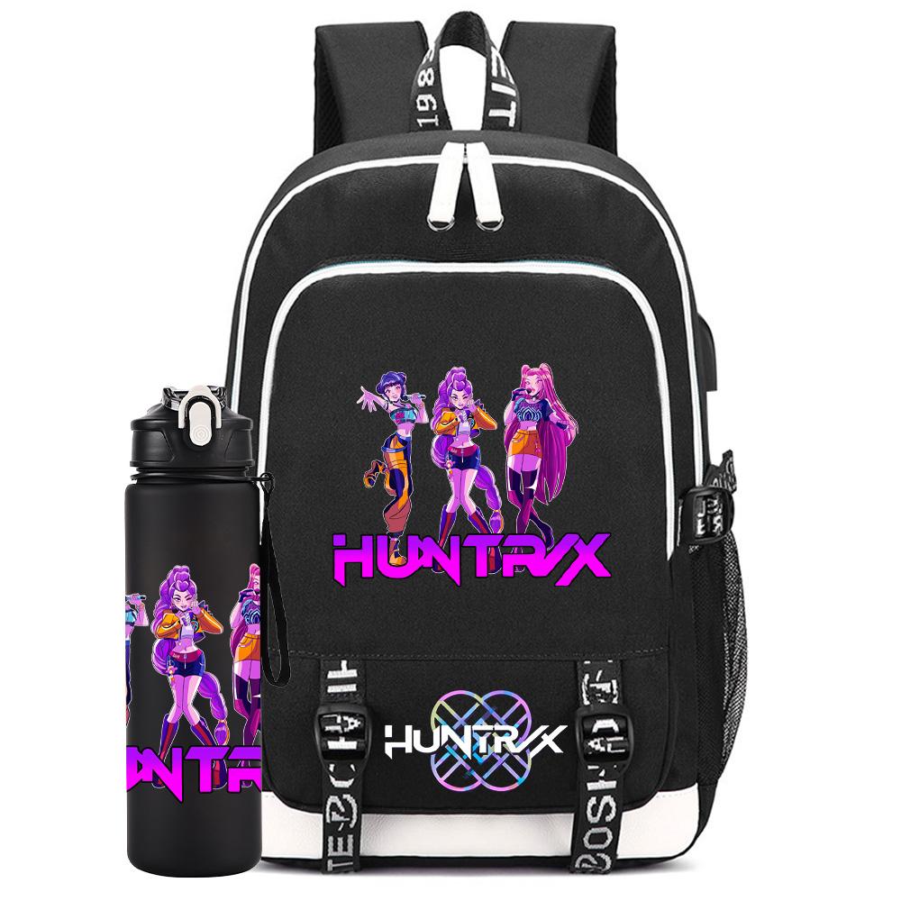 2Pcs/set Anime K-Pop Demon Hunters Printed Backpack Large Capacity Bookbag with 750Ml Water Bottler Laptop Student Boy Girl Large Capacity Bookbag