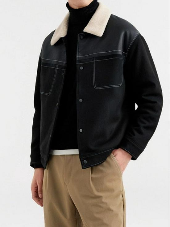 Men's Winter Short Suede Jacket with Velvet Lapel and Lamb Wool Padding