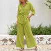 Women's Casual Two Piece Long Sleeve Collared Shirt and Pants Set